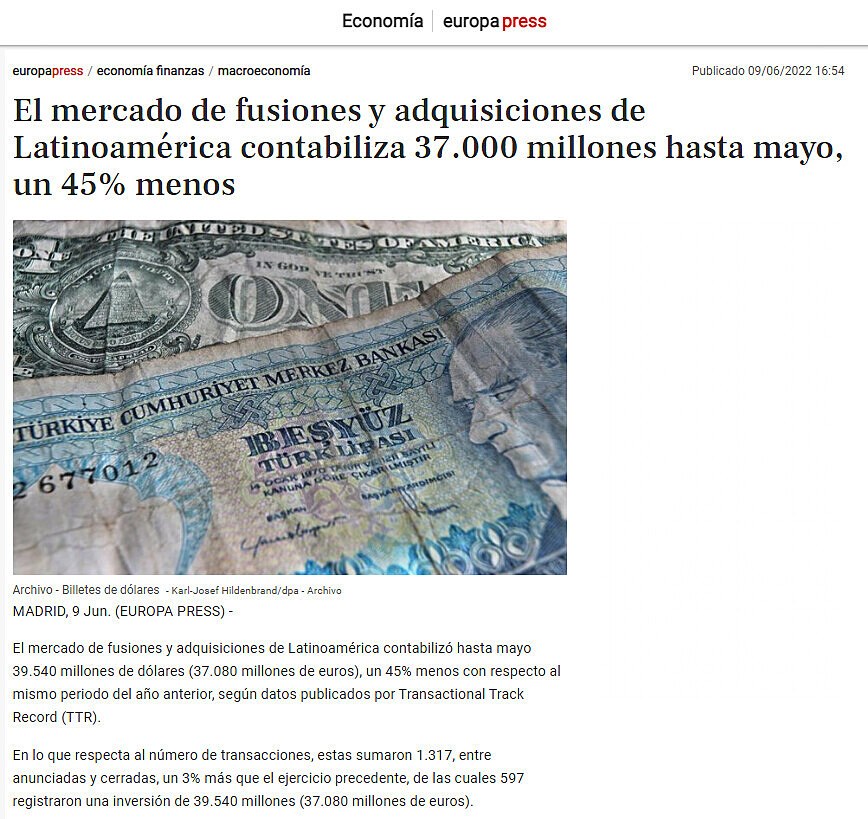 El mercado de fusiones y adquisiciones de Latinoamrica contabiliza 37.000 millones hasta mayo, un 45% menos